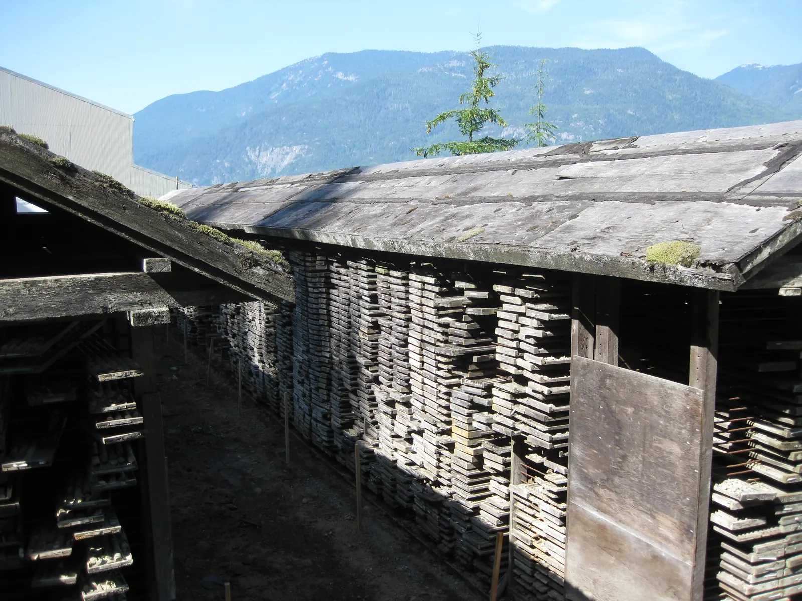 Galpón de almacenamiento de cajas de testigos con montañas al fondo